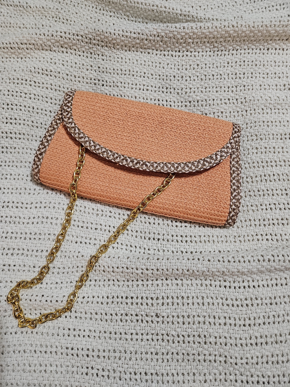 Peach Crochet Envelope Clutch with Gold Chain Strap